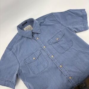 St Johns Bay Mens Classic Fit Short Sleeve Button Up Shirt Chambray Blue Size S